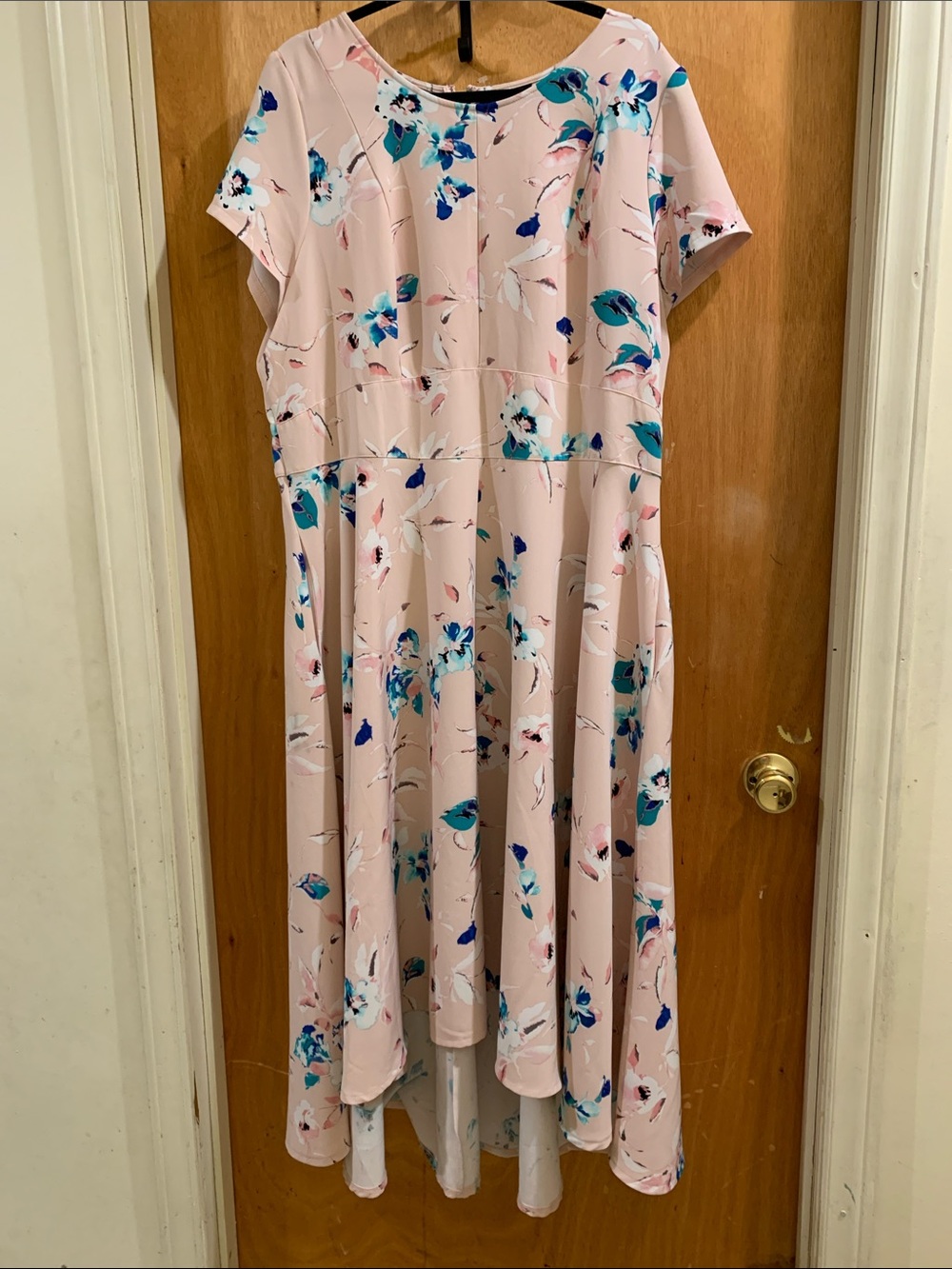 Lane Bryant Pink Floral High-Low Maxi Dress with Blue Accents